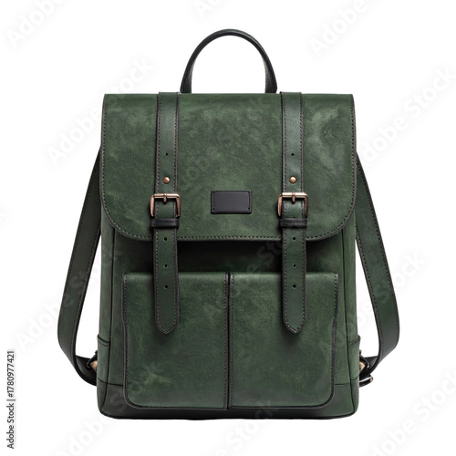 Green leather backpack with buckles and a handle against a black background