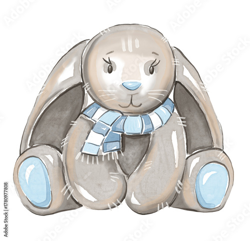 Watercolor Illustration of Stuffed Bunny with Scarf