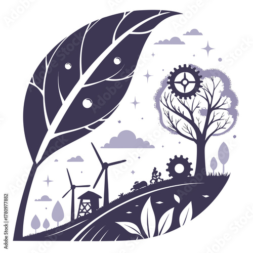 Eco-friendly landscape with wind turbines and a large leaf framing the scene sustainable