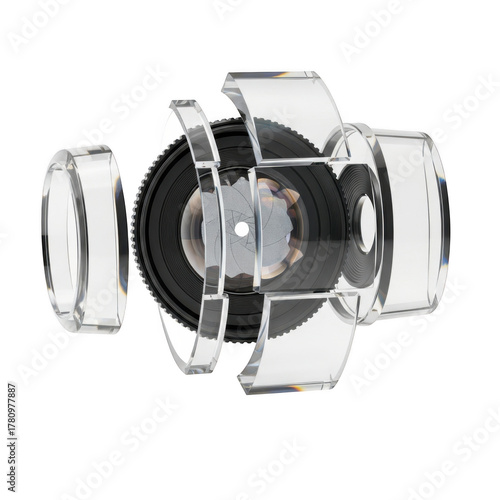 Exploded View of a Camera Lens with Transparent Acrylic Components and Aperture Blades photography isolated on a transparent background