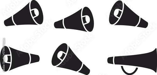 Megaphone silhouette, sound amplifier, black graphic, vector illustration, public speaking icon, announcement tool, communication device, loudspeaker shape,