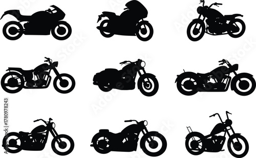 Motorcycle silhouette, bike icon, black graphic, vector illustration, cruiser style, sport model, chopper design, wheel detail, handlebar