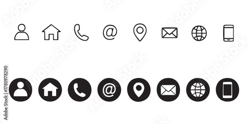 Business card icon set. Containing contact information, name, address, phone, e-mail, location, website, telephone, mail and more.
