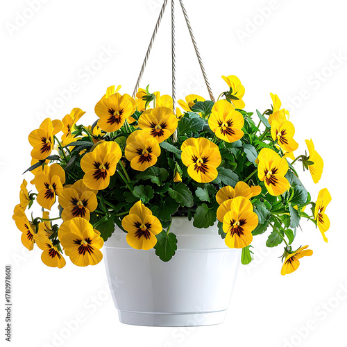 A vibrant hanging basket of yellow pansies with dark centers and lush green foliage