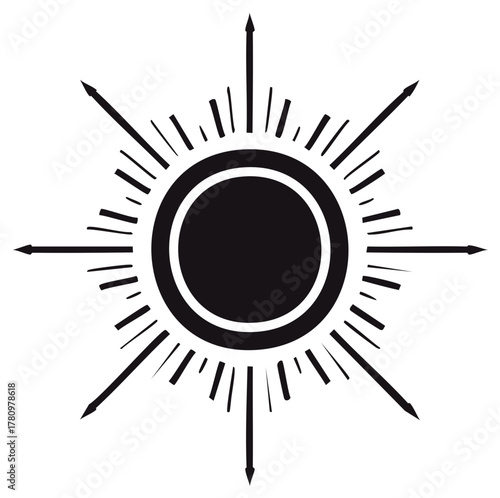 Vector sunburst compass symbol with radiating rays and directional arrows.