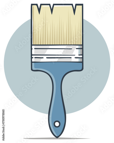 Flat paintbrush with blue handle and beige bristles against a light blue circular background