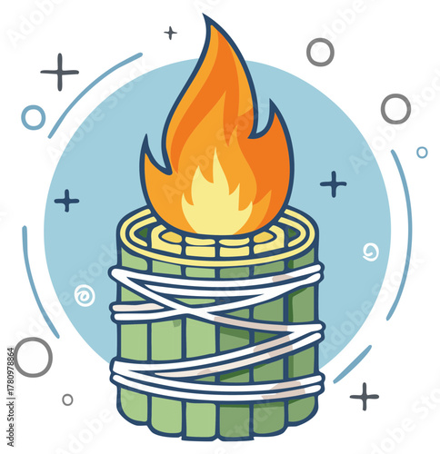 Illustration of a lit smudging sage bundle with abstract decorations.