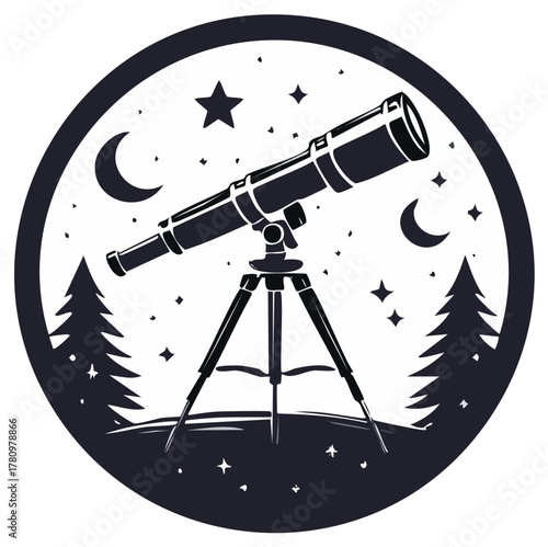 Telescope pointed at the starry night sky with moon and trees