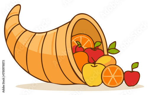 Cornucopia filled with ripe fruits representing abundance and harvest