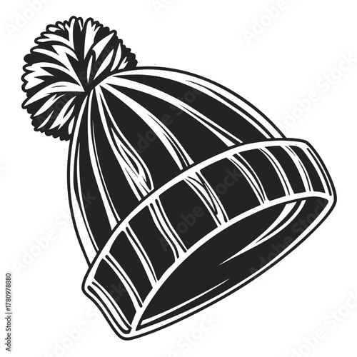 Black and White Illustration of a Pom Beanie Hat winter cold