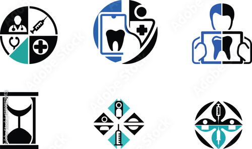 Medical and dental icons with healthcare symbols and hourglass