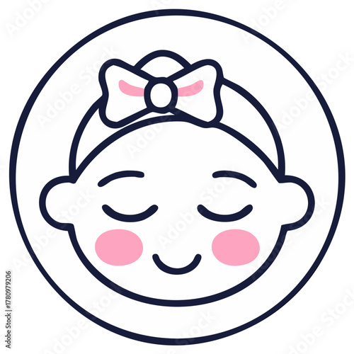 Cute smiling baby girl face icon with a pink bow headband sleeping peacefully