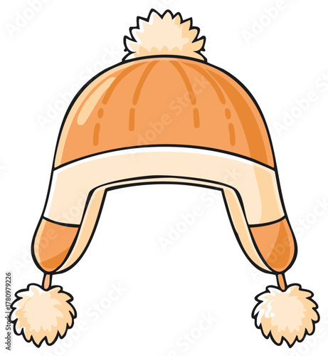 Orange winter hat with pom poms and ear flaps, cartoon illustration