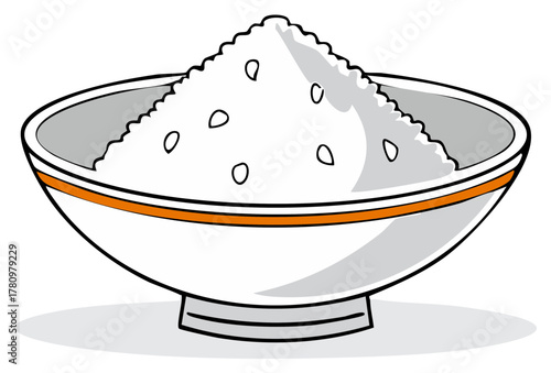 Illustration of a bowl of white rice, filled, orange trim detail and seeds