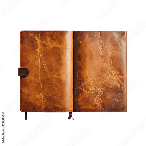 Open, weathered leather journal with magnetic closure, against a black background