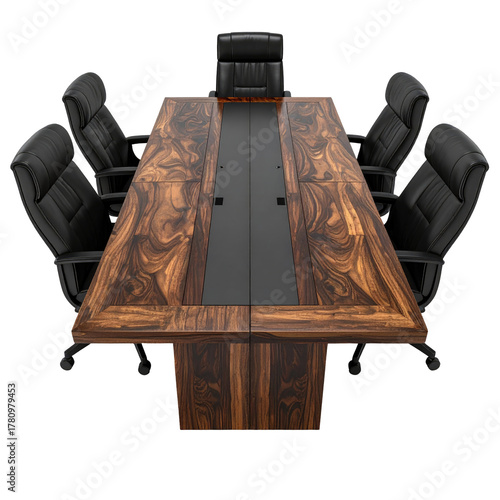 Overhead view of a conference table with black chairs, against a black background