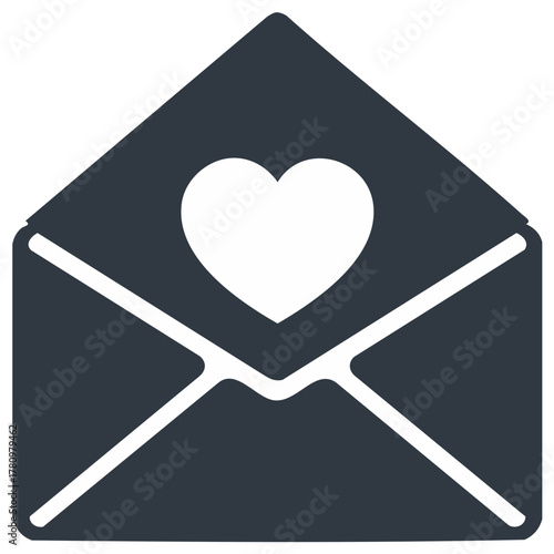 Open envelope with white heart symbol for romantic messages and digital communication icon graphic design