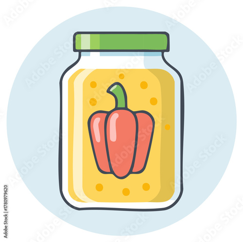 Cartoon glass jar with red bell pepper and yellow sauce, homemade food preservation illustration