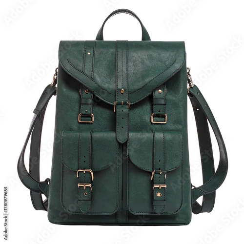 A forest green leather backpack with multiple pockets and brass buckles on a black background