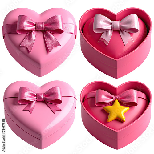 Four heart-shaped pink gift boxes, some open, some closed, tied with bows and star