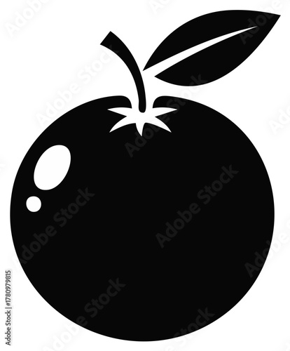 Monochrome Apple Illustration Single Shiny Black Fruit with Stem and Leaf
