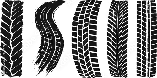 Black rubber car tire tracks vector illustration, isolated automobile wheel tread pattern on white road texture