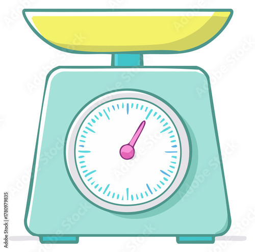 Vivid cartoon of kitchen scale in minty colors for baking and food preparation projects