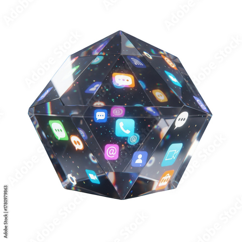 Geometric crystal polyhedron containing colorful app icons and sparkling particles diamond facet isolated on a transparent background