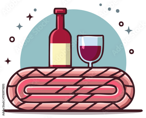 Cartoon Red Wine Bottle and Glass on a Woven Blanket for a Picnic