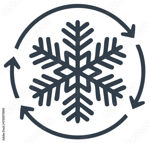 Snowflake icon with circular arrows, winter weather and climate change concept