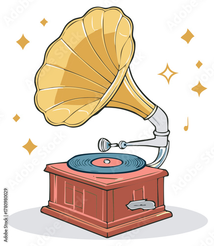 Classic phonograph illustration with shiny decorations and a musical note icon.