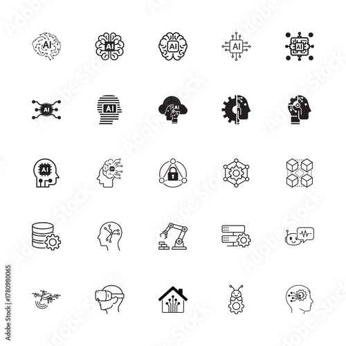 Set of 25 Artificial intelligence set of web icons in line style. AI technology icons for web and mobile app. Machine learning, algorithm, smart robotic with white background