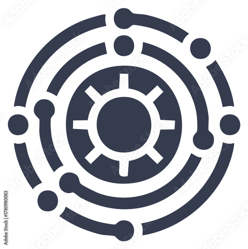 Modern technological icon showing a central gear system with orbiting nodes, symbolizing connectivity and structured data.