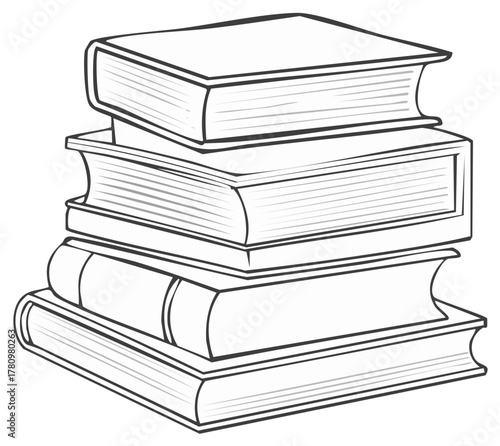 Linear depiction showcases a stack of four assorted books perfect for educational resources or study themed designs line art