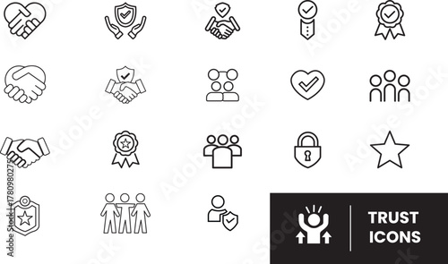 Set of Modern Trust Icon Set Containing confidence, credibility, promise, trustworthy, friends, truth, faith, sincerity and honesty. Vector black icons collection.