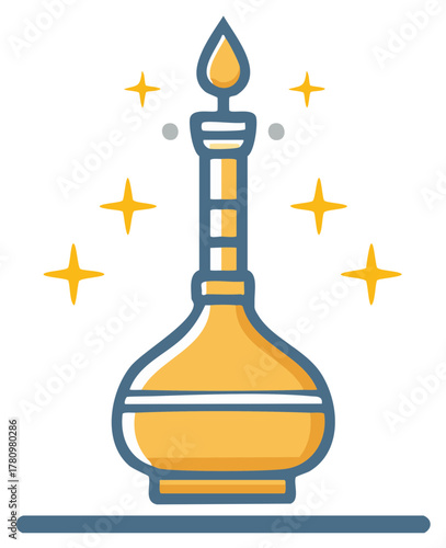 Vintage genie lamp icon with glowing flame and shiny stars emits mystery and magical vibes, cartoon vector illustration