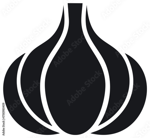 Black and white icon of garlic bulb with cloves in graphic design.