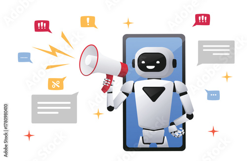 Friendly cartoon AI chatbot robot looking from phone screen with megaphone loudspeaker, announcing or giving information. Vector illustration of artificial intelligence technology