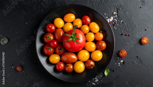 Wallpaper Mural Assortment of fresh tomatoes artfully arranged on a dark plate Torontodigital.ca