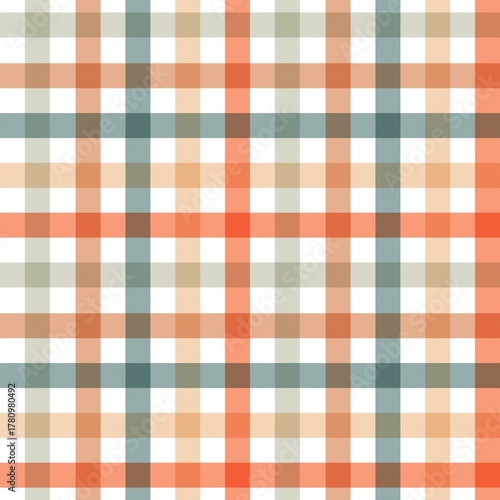 A seamless vector pattern featuring a classic gingham or plaid check design in a rustic, autumnal color palette of orange, teal, beige, and white