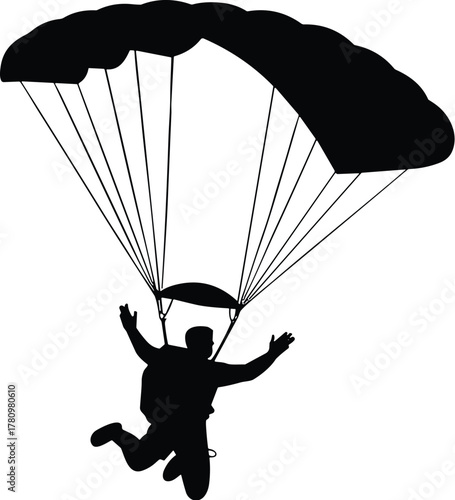 Parachute silhouette, skydiver descent, airborne motion, black graphic, vector illustration, aerial sport, adventure icon, canopy pose, freefall, skyParachute silhouette, skydiver descent, 