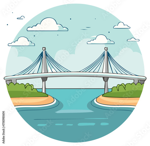 Cable stayed bridge over water with clouds and green shores a modern architectural marvel