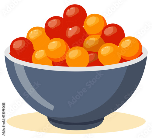Colorful cartoon illustration of a bowl filled with red and orange spherical fruit