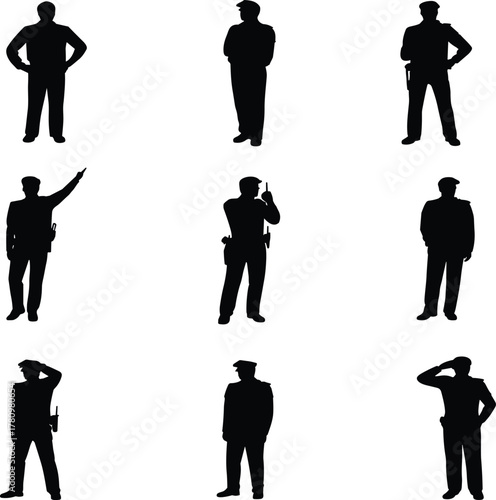 Police officer silhouette, law enforcement icon, black graphic, vector illustration, security personnel, patrol stance, authority figure, uniformed pose, duty, commandPolice officer silhouette