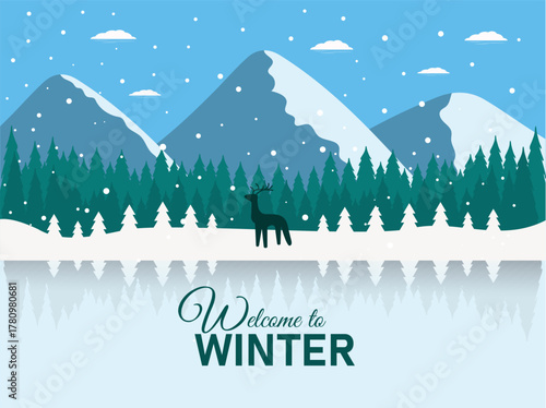 Snowy winter landscape background design. Snow in the forest winter season. Trees, pine, rain deer, sun loungers and falling snow vector illustration. Christmas background.