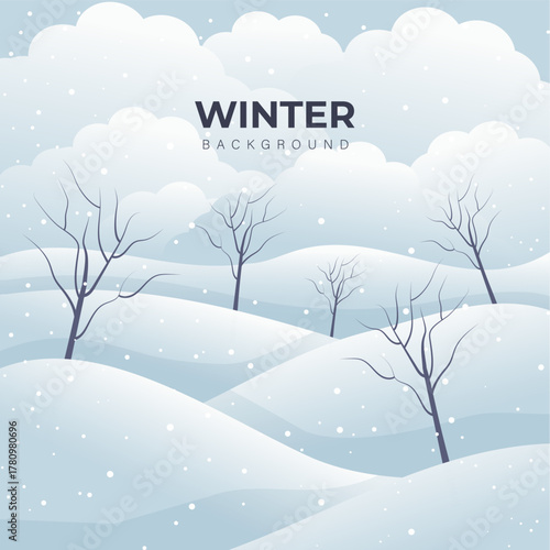 Snowy winter landscape background design. Snow in the forest winter season. Trees, pine, sun loungers and falling snow vector illustration. Christmas background.