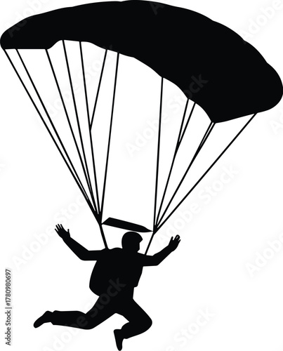 Parachute silhouette, skydiver descent, airborne motion, black graphic, vector illustration, adventure sport, freefall icon, canopy pose, outdoor activity, skyParachute silhouette, 