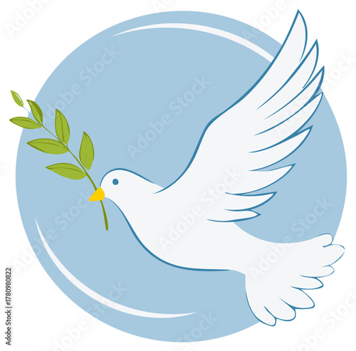 White Dove Carrying Olive Branch Symbolizing Peace and Hope on Blue Background