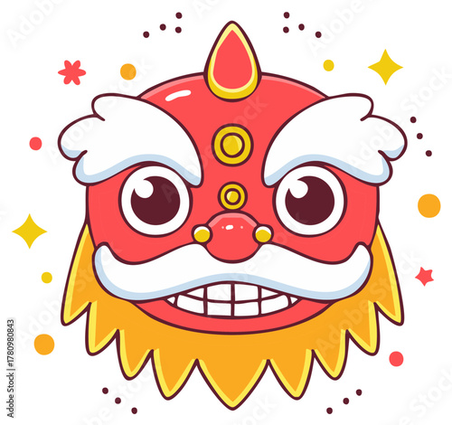 Vibrant Red Lion Dance Head Cartoon Illustration Celebrating Chinese New Year Festival