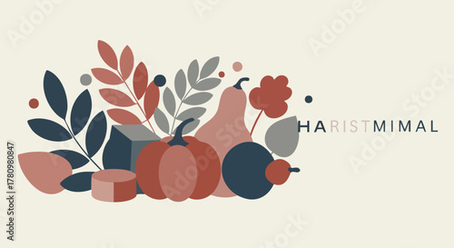 A beautifully rendered flat design illustration showcasing a minimalist autumnal harvest arrangement featuring pumpkins, gourds, and stylized leaves, ideal for seasonal decor.